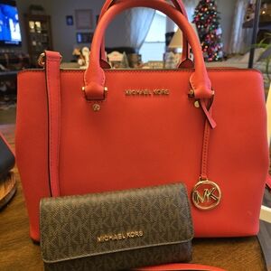Michael Kors Red Satchel with Brown Wallet